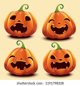 Set of cute realistic pumpkins with different faces for Halloween.