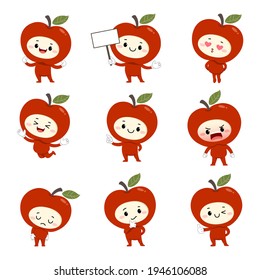 Set of cute red apple cartoon characters with various activities and emotions.