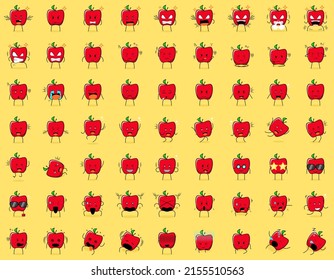 Set of cute red apple character expressions. angry expression, thinking, crying, sad, confused, flat, happy, scared, shocked, dizzy, hopeless, sleeping. suitable for emoticon and mascot