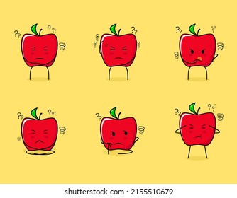 Set of cute red apple character with thinking expressions. suitable for emoticon, logo, symbol and mascot