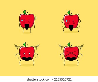 Conjunto de adorables personajes de manzana roja con expresiones impactadas. adecuado para emoticono, logotipo, símbolo y mascota