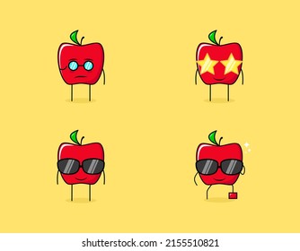 Set of cute red apple character with serious, smile and eyeglasses expressions. suitable for emoticon, logo, symbol and mascot