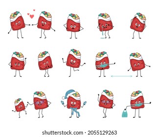 Set of cute red bag character with New Year gifts with emotions, face, arms and legs. Cheerful or sad festive decoration for Christmas falls in love, keep distance in mask, dance in Santa hat
