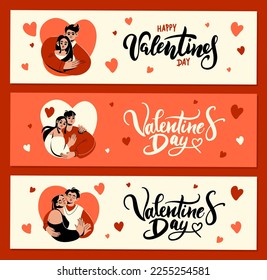 A set of Cute red banners for Valentine's Day. Congratulations for lovers. Couples and lettering