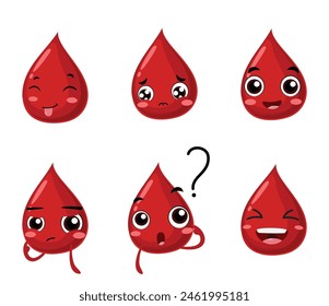 Set of Cute Red blood drop cartoon, isolated on white