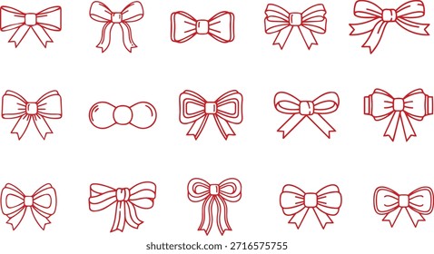 Set of cute red bow ribbon tie line icons in vector format. Perfect for Christmas, holidays, gifts, packaging, branding, invitations, and festive designs. Clean stroke-only style with smooth curves and balanced proportions. High-resolution EPS file, fully scalable, ready for commercial use.