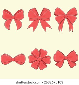 Set of Cute Red Bow Ties or Gift Bows Vector Illustration. Decoration for Holiday Gifts and Christmas Cards. Collection of Decor Design Element.