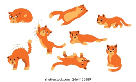 Conjunto de lindos gatos rojos en un estilo de cartón. Ilustración vectorial de hermosos gatos rojos en diferentes poses y emociones: tumbados, caminando, peleando, sentados, surcados, jugando aislados sobre fondo blanco.