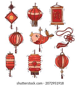 Set of cute red Chinese lanterns. Traditional chinese lanterns are suitable for design of the Asian New Year, Mid autumn festival, other holidays.