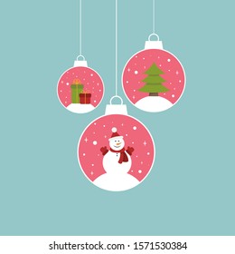 Set of cute red Christmas balls isolated on background. Snowman, Christmas tree, gifts inside balls. New year decoration for holiday card. Vector illustration