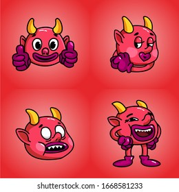 Set of cute red devil cartoon vector images with various emotions and actions on a red background. Vector illustration of a devil cartoon.