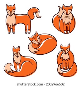 Set of cute red doodle foxes in various poses isolated on white background. 