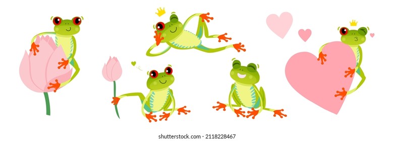 Set of cute red eyed frogs. Tree frog in different poses. Vector illustration. Isolated on white backdrop.