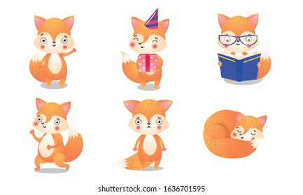 Set of cute red foxes doing casual things vector illustration