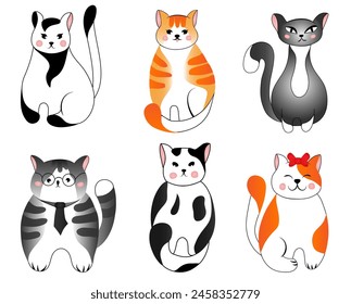 Set cute red, grey, spotted, striped cats isolated on white background. Vector illustration for children.