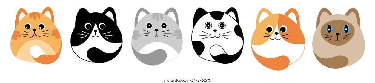 Set cute red, grey, spotted, striped,  siamese cats isolated on white background. Vector illustration for children.