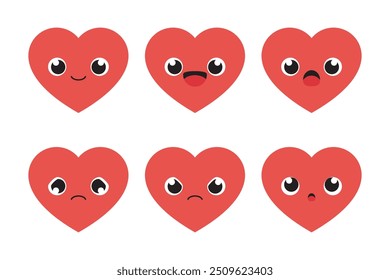 Set of cute red heart cartoon characters. Flat design illustration.