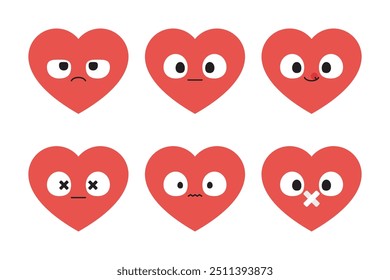 Set of cute red heart cartoon characters. Flat design illustration.	