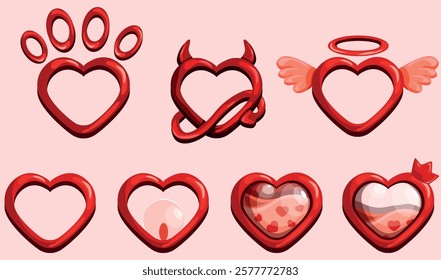 Set of cute red heart frames with angel, devil, paw, and glass designs. Perfect for Valentine’s Day, love, wedding, stickers, and decorations. EPS HEART