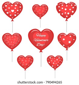 Set of cute red hearts of balloons with congratulations on Valentine's Day and different patterns. Vector, flat design.