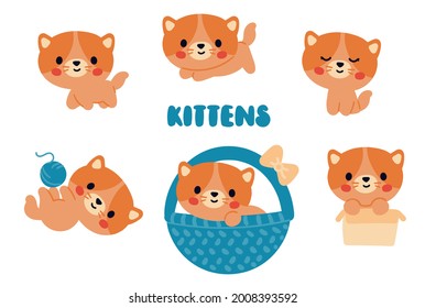 Un conjunto de gatitos rojos adorables al estilo de un doodle de caricatura