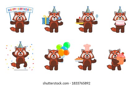 Set of cute red panda characters showing various birthday party actions. Cheerful red panda holding gift box, cake, balloons, banner, cupcake and other situations. Vector illustration bundle