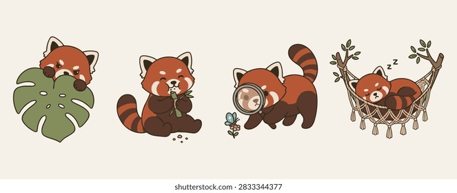 Set cute red panda