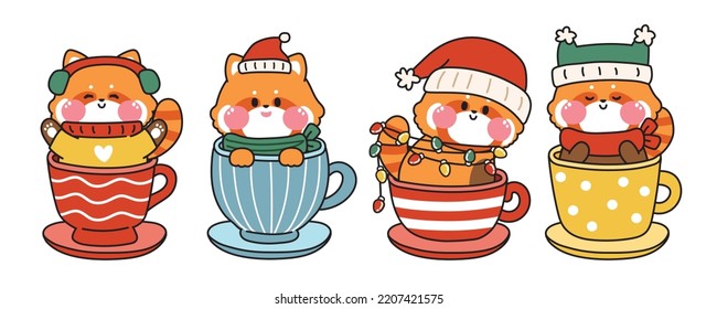 Set of cute red panda wear winter clothing stay in cup.Animal character cartoon design collection.Merry christmas.New year.Festival.Holiday.Kid graphic hand drawn.Kawaii.Vector.Illustration.