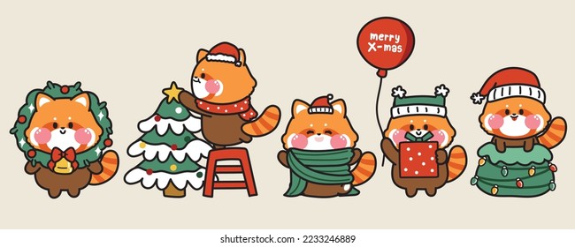 Set of cute red panda wear santa hat in various poses.Merry christmas concept.Winter.New year festival.Animal cartoon character design collection.Kawaii.Vector.Illustration.