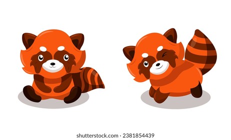 Set of cute red pandas in cartoon style. Vector illustration of cute panda characters with fluffy tails with stripes, pointed ears with different emotions: sitting, winking, smile on white background.