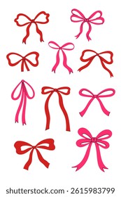 Set of cute red and pink bows. Vector graphics
