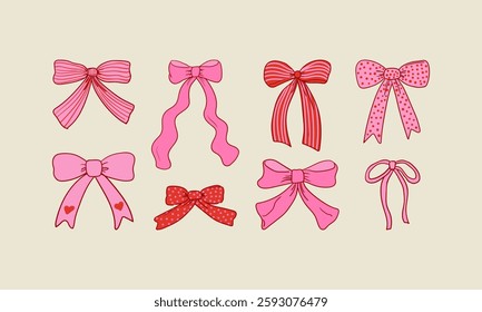 Set of cute red and pink hand drawn vintage bows. Vector illustration in coquette aesthetic. Bowknot ribbon clipart collection for valentine's day, birthday, other holidays