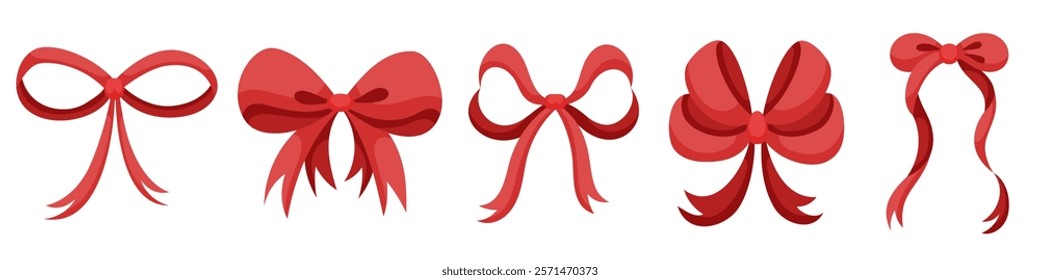 Set of cute red ribbon bowknots. Bows for decoration. Large retro hand drawn ribbons Illustration. Cartoon bows knot, gift ribbons.