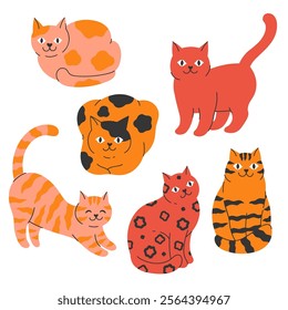 Set of cute red, spotted and striped cats. Vector graphics.