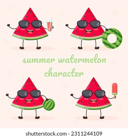 Set of cute red summer watermelon character in glasses and with swimming ring, juice, ice cream, ball. Flat design vector illustration of red watermelon