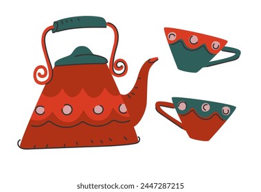 Set with cute red teapot and mugs. Items that make home cozy. Red kitchenware with simple pattern