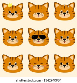 Set of cute redhead cat face with different emotions in cartoon style. flat design, vector illustration