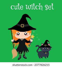 set of a cute redhead witch with a wand and a broom accompanied by a cute black kitten with a hat