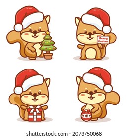 Set of cute reindeer celebrating christmas. Christmas tree, holding gift and merry christmas text. kawaii cartoon vector