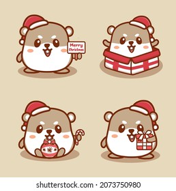 Set of cute reindeer celebrating christmas. Ice skating, holding gift and merry christmas text. kawaii cartoon vector