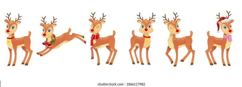 Set of cute reindeer with different emotions in different Santa Claus hat and scarf, snowman, elf. Funny Christmas reindeers isolated on white background. Vector illustration