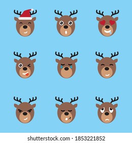 Set of cute reindeer emoticons. Reindeer face icon on blue background