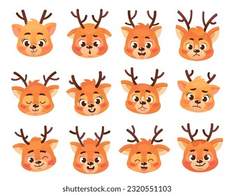 Set of cute reindeer emoticons isolated on white background. Deer faces with different emotions: happy, blinking, sad, angry and smiling. Collection of Christmas emojis. Cartoon vector illustration.