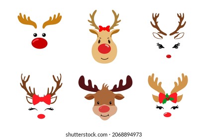 Set of a cute reindeer face with Christmas decoration. Vector illustration. Collection of cute cartoon reindeer. Christmas theme. Isolated on white background.