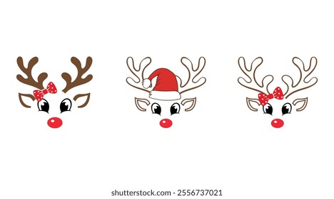 Set of a cute reindeer face with Christmas decorations. Vector illustration. Collection of cute cartoon reindeer. Christmas theme.