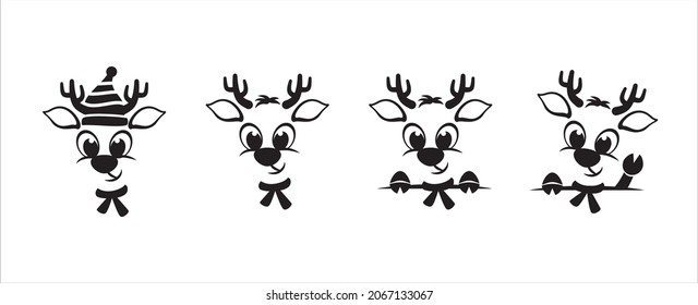 Set of cute reindeer face. Cool and cheerful expression of reindeer face character. Wearing hat and scarf waving hand. Vector illustration design template for sticker, t-shirt, and printing.