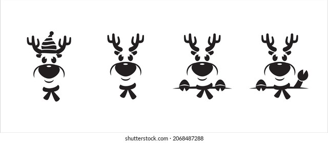 Set of cute reindeer face. Cool and cheerful expression of reindeer face character. Wearing hat and scarf waving hand. Vector illustration design template for sticker, t-shirt, and printing.