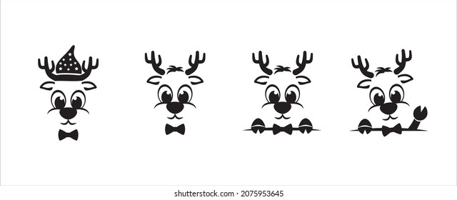 Set of cute reindeer face. Cool and cheerful expression of reindeer face character. Wearing hat and bow tie waving hand. Vector illustration design template for sticker, t-shirt, and printing.