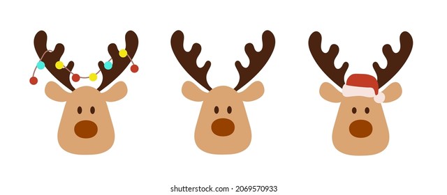 Set of cute reindeer head isolated on white background. Funny Simple flat vector illustration christmas reindeer in hat and garland with light bulbs