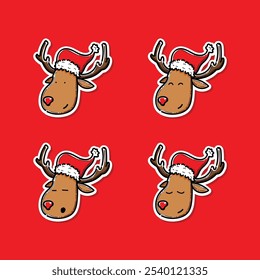 Set of cute reindeer head isolated on red background. Funny Simple vector illustration design for christmas